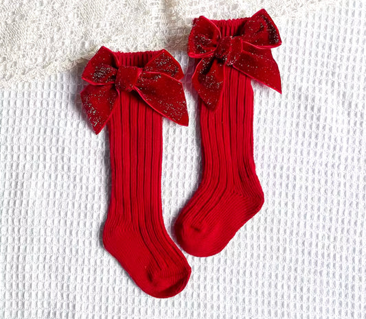 Red Sparkle Bow Knee Socks