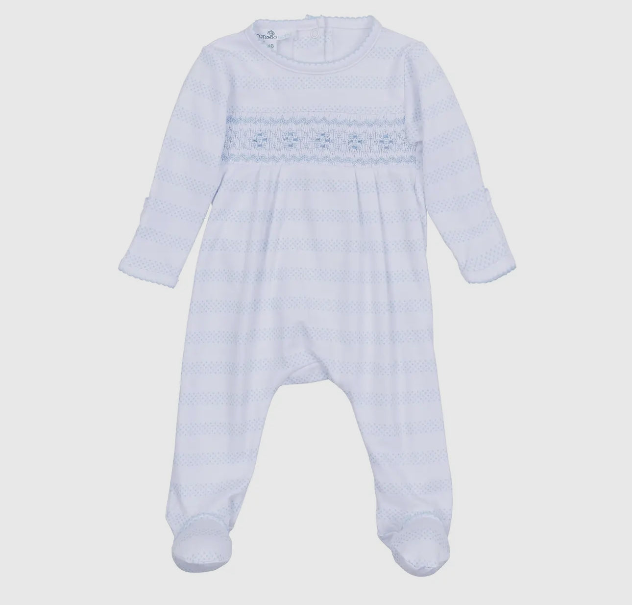 Light blue smocked baby of mine footie