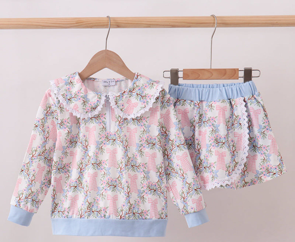 Pink bow floral skort set