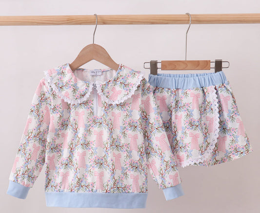 Pink bow floral skort set