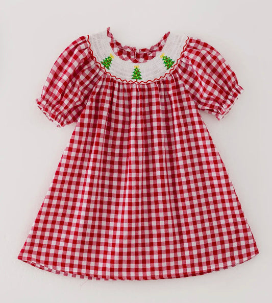 Red plaid smocked dress