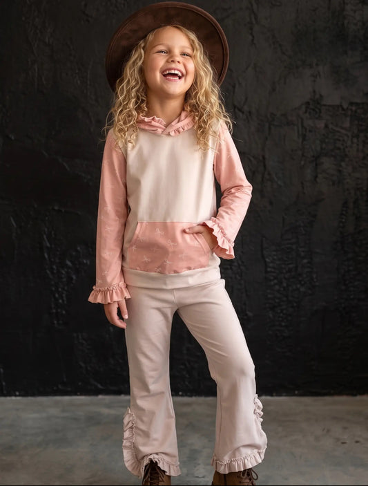 Neutral bows ruffle girls set