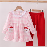 Pink gingham Santa applique girl set