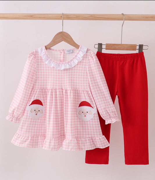 Pink gingham Santa applique girl set