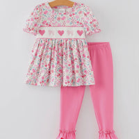 Smocked heart bow girls set