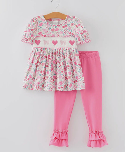 Smocked heart bow girls set