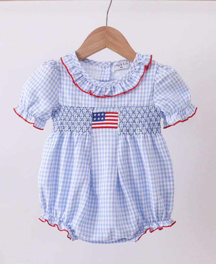 Blue flag smocked ruffle bubble