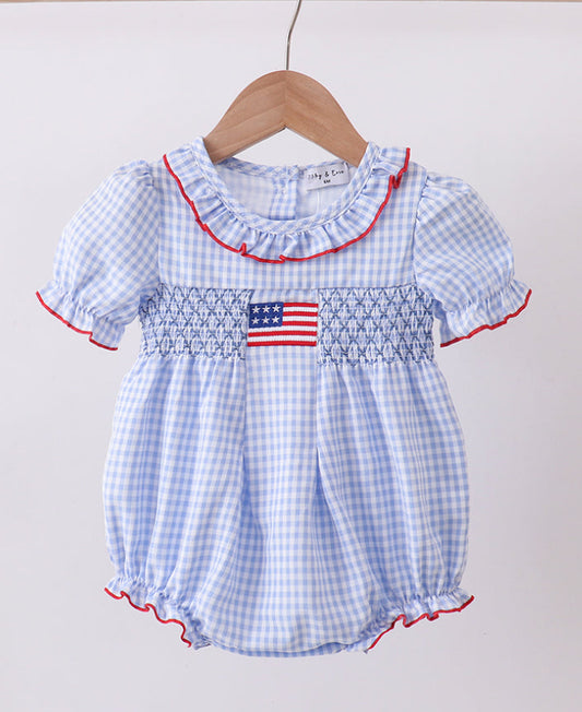 Blue flag smocked ruffle bubble