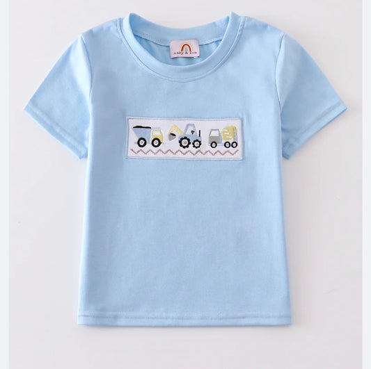 Blue excavator embroidered top