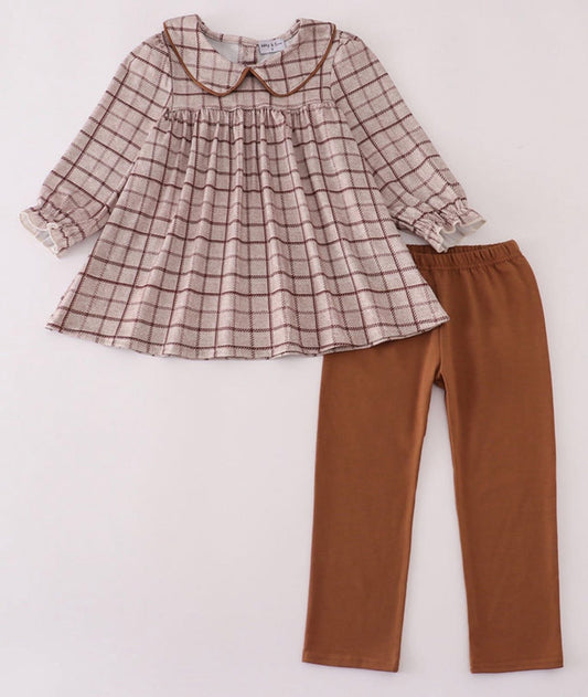 Brown plaid girl pant set - 3T