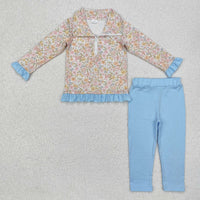 Floral blue legging 1/4 zip set