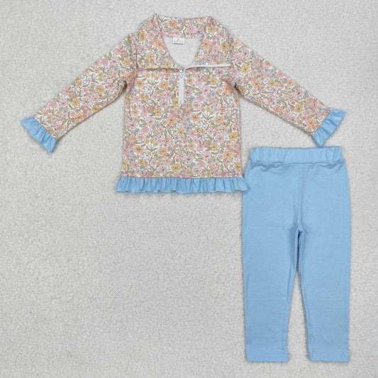 Floral blue legging 1/4 zip set