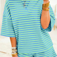 Green/blue striped short set