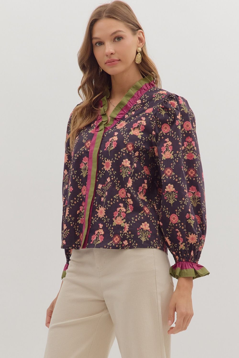 Dark navy floral blouse