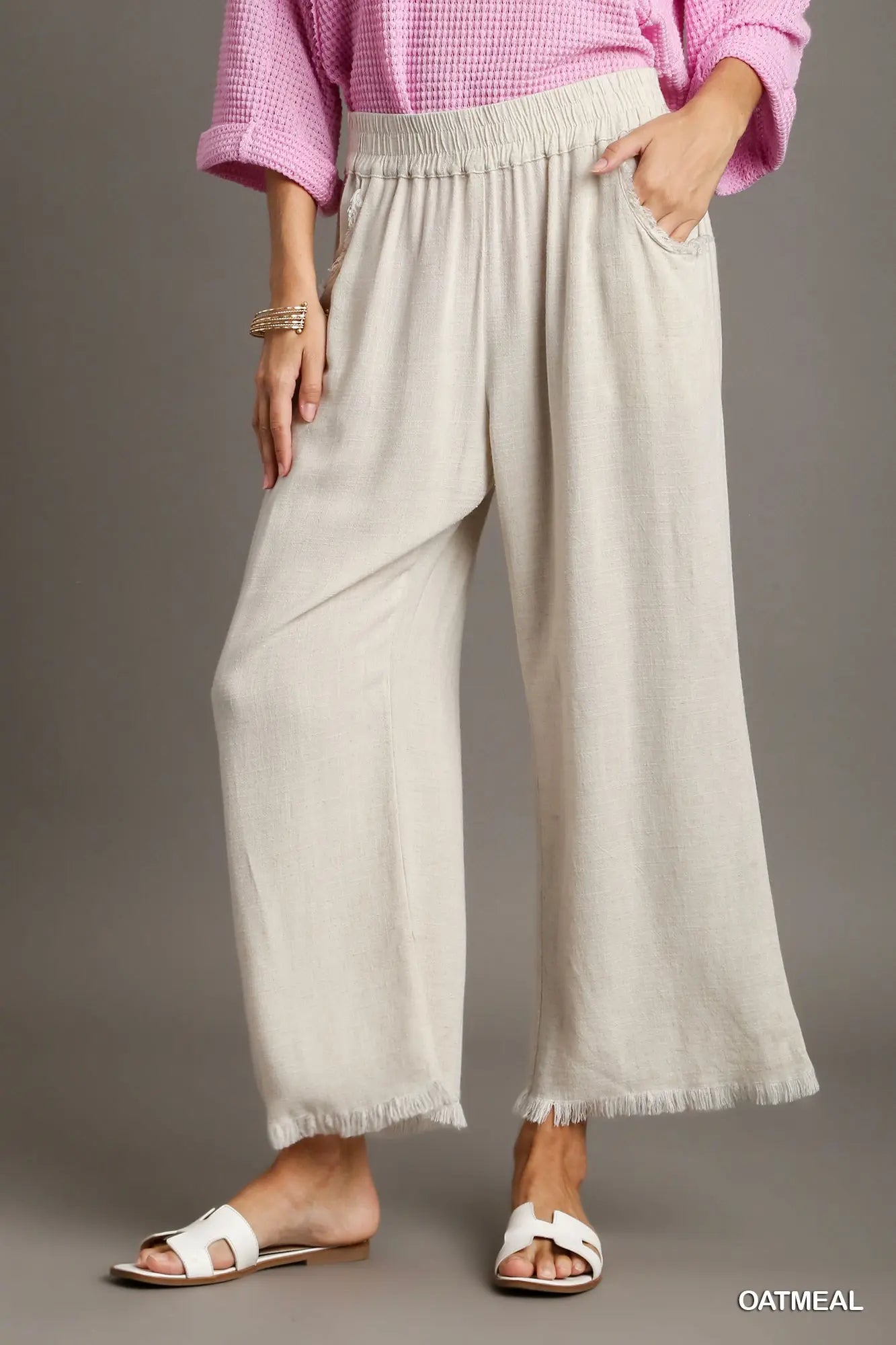 Frayed Hem Wide-Leg Pants oatmeal