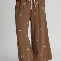 Bow embroidered linen pants-brown