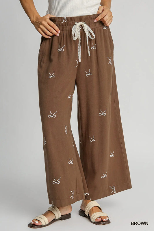 Bow embroidered linen pants-brown