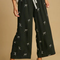 Bow embroidered linen pants- black