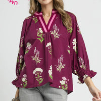 Plum Floral Contrast Trim Blouse