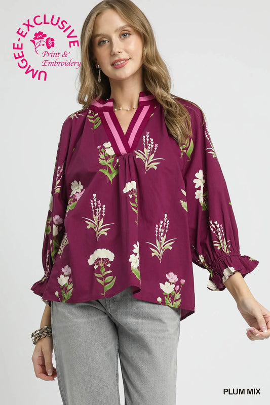 Plum Floral Contrast Trim Blouse