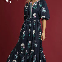 Floral Print V Neck Midi Dress with Ruffled Details midnight mix