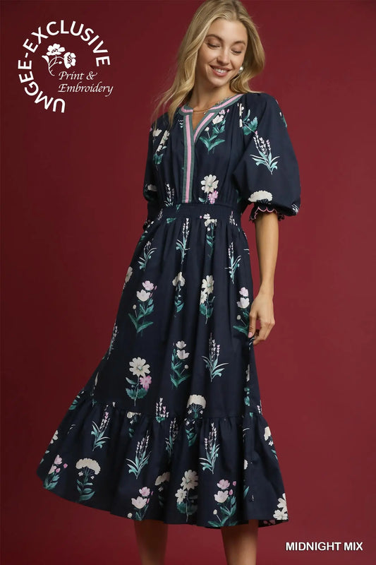 Floral Print V Neck Midi Dress with Ruffled Details midnight mix