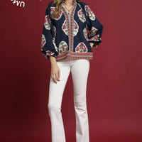 Navy Boho Floral Print Tunic Top