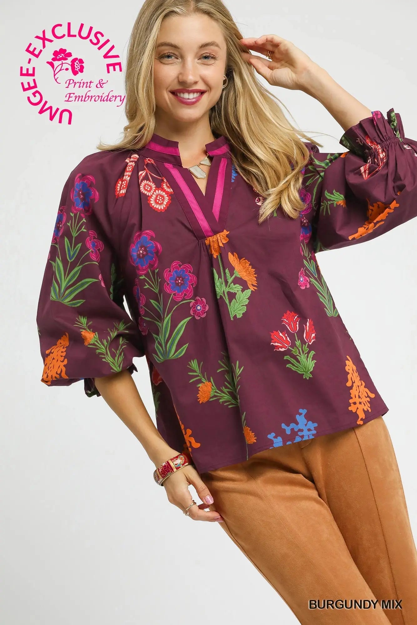 Burgundy Floral Print V Neck Open Collar Top