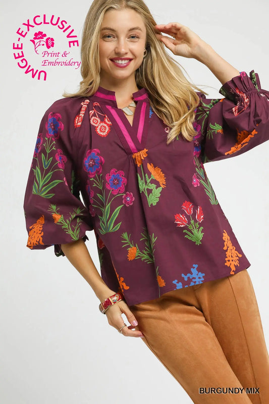 Burgundy Floral Print V Neck Open Collar Top