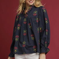Navy Embroidered Floral Ruffle Neck Blouse