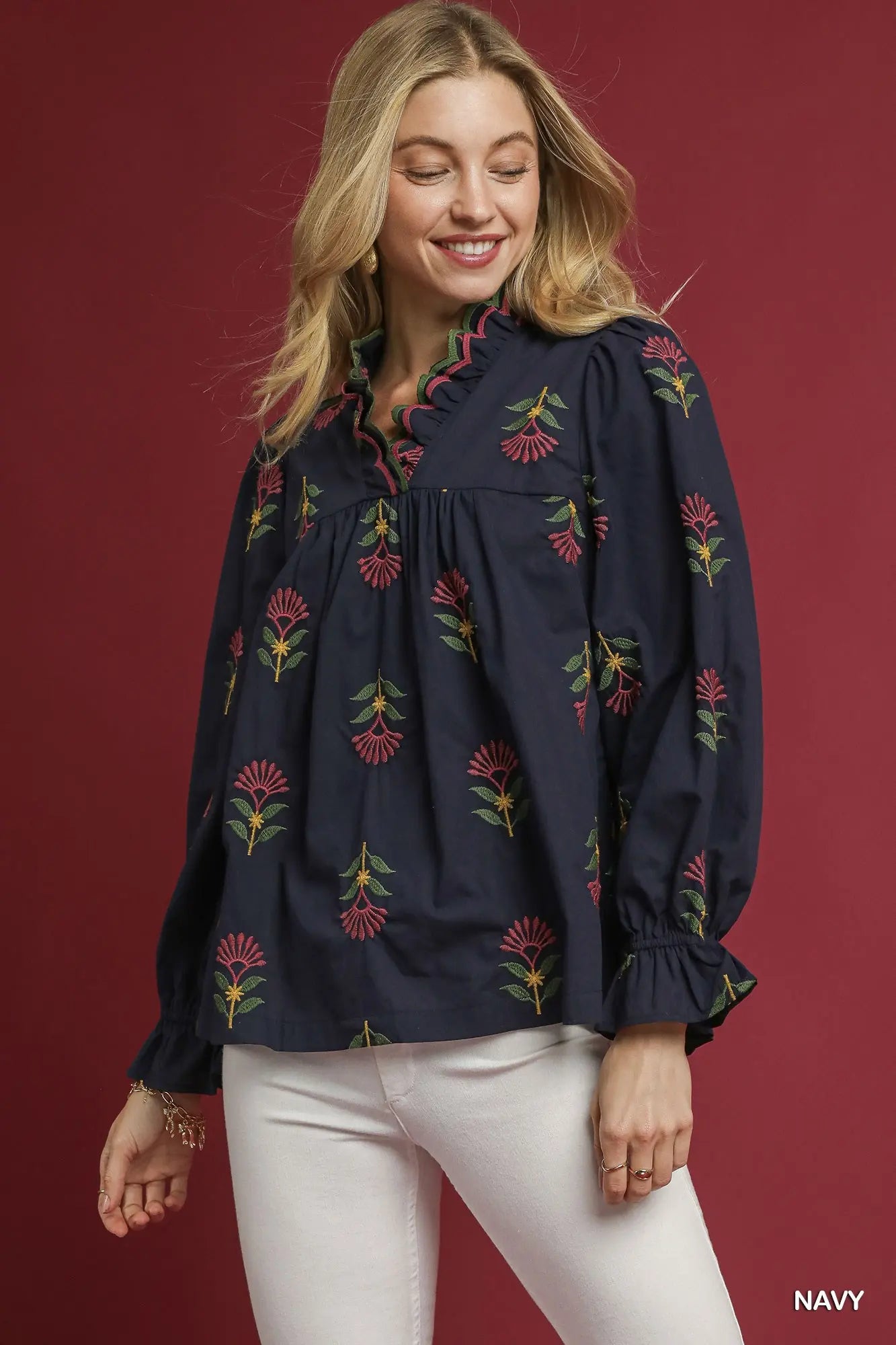 Navy Embroidered Floral Ruffle Neck Blouse