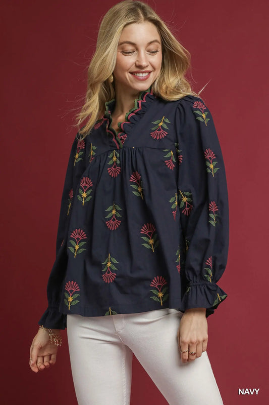 Navy Embroidered Floral Ruffle Neck Blouse