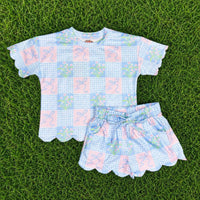 Blue plaid bow scallop set