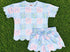 Blue plaid bow scallop set