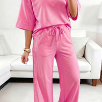 Pink lace sleeve top pant set