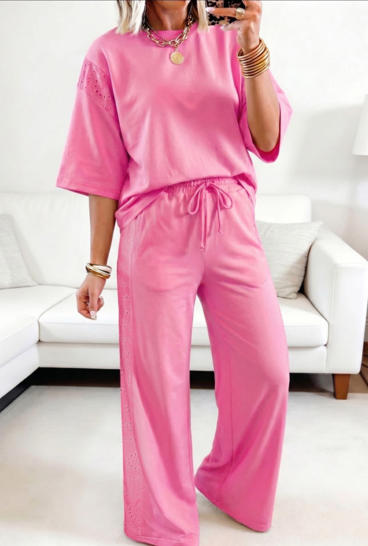 Pink lace sleeve top pant set