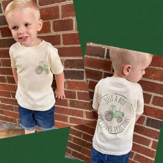 Just a boy who loves tractors- green tractor