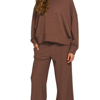 Long sleeve ribbed set- brown