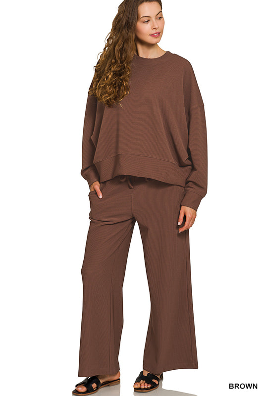 Long sleeve ribbed set- brown