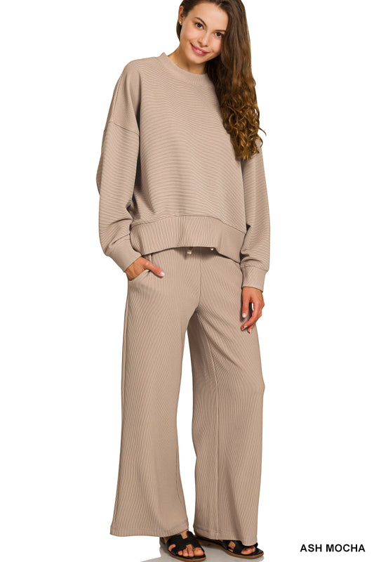 Long sleeve ribbed set- khaki