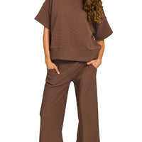 Ribbed short sleeve pant set - brown