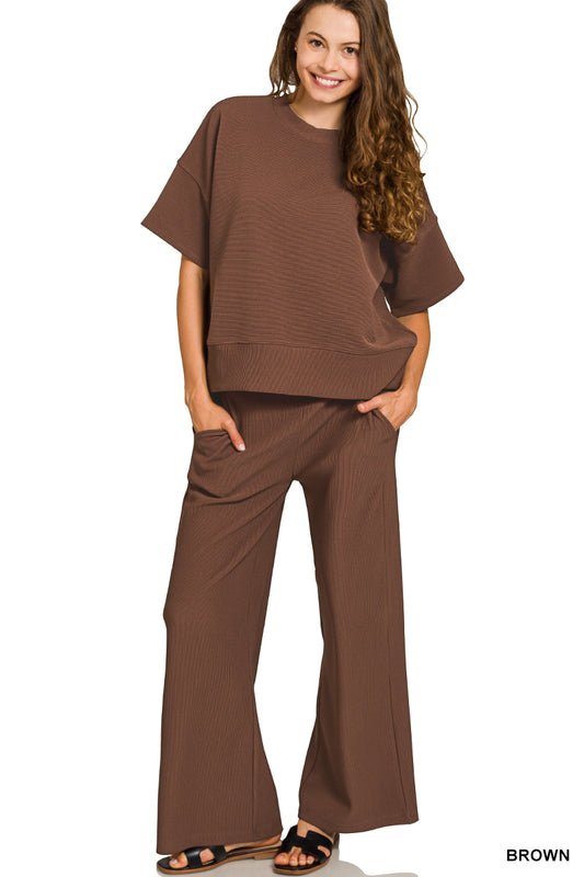 Ribbed short sleeve pant set - brown