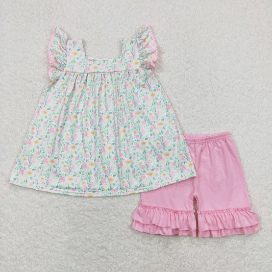 Floral top with ruffle shorts