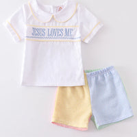 Jesus loves me seersucker boys set