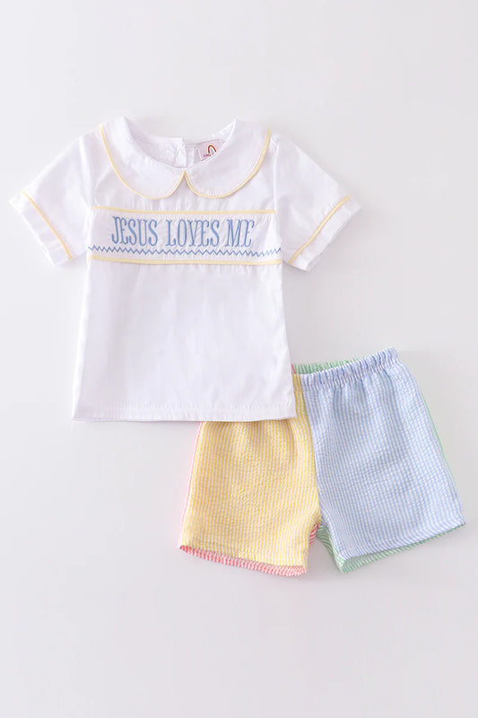 Jesus loves me seersucker boys set