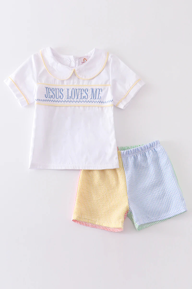 Jesus loves me seersucker boys set