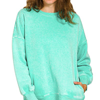 Acid wash hi low fleece pullover - mint