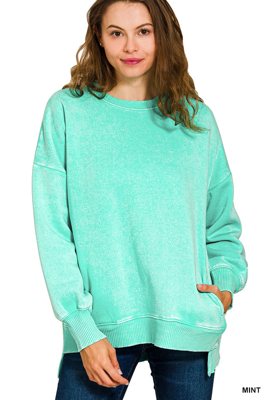 Acid wash hi low fleece pullover - mint