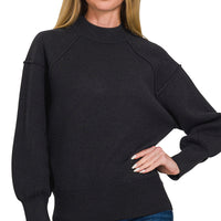 Mock neck exposed seam sweater- black