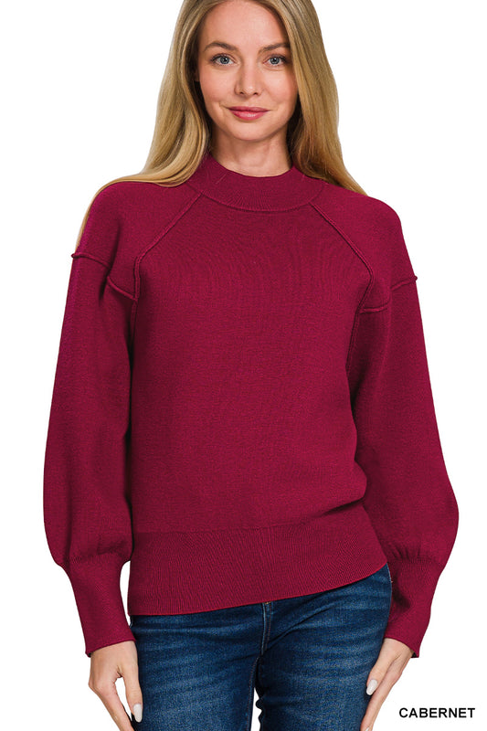 Mock neck exposed seam sweater- Cabernet